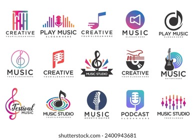 Music icons set logos with musical notes and audio wave . Music festival . Vector Illustration .