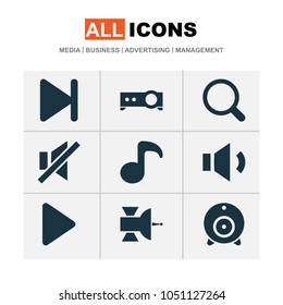 Music icons set with megaphone, search, musical note and other presentation elements. Isolated vector illustration music icons.