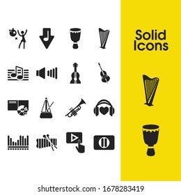 Music icons set with metronome, harp and djembe elements. Set of music icons and click concept. Editable vector elements for logo app UI design.