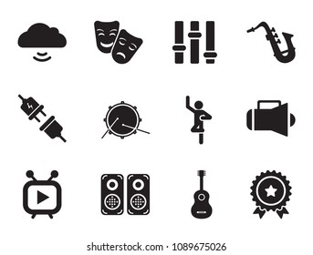 Music icons set with microphone, guitar and saxophone. Thirteen vector icons