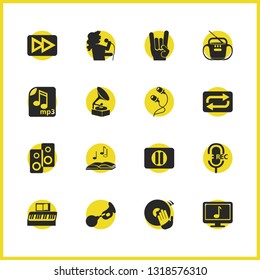 Music icons set with mp3 file, recording mic and music theory elements. Set of music icons and rock roll concept. Editable vector elements for logo app UI design.