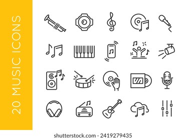 Music icons set. Musical instruments simple icons and logos for mobile, web, social media and promotional, advertisement materials. Vector illustration. 