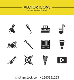 Music icons set with mute, djembe and mic elements. Set of music icons and lyre concept. Editable vector elements for logo app UI design.