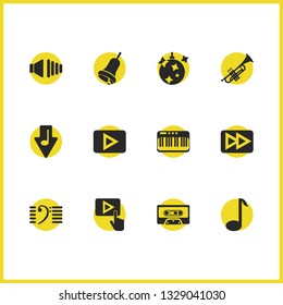 Music icons set with music note, cursor on play button and synthesizer elements. Set of music icons and rewind concept. Editable vector elements for logo app UI design.
