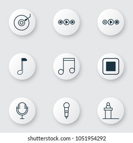Music icons set with note, dj disc, stop music and other music control elements. Isolated vector illustration music icons.