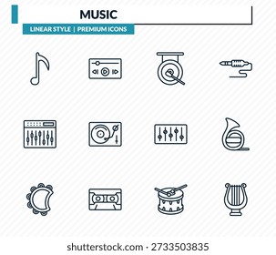 conjunto de ícones de música - nota de música, player de música, gong, horn, lyre outline vetor collection.