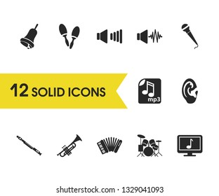 Music icons set with music on computer, ear and high volume elements. Set of music icons and jingle concept. Editable vector elements for logo app UI design.