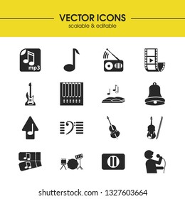 Music icons set with pause button, electric guitar and radio elements. Set of music icons and fiddle concept. Editable vector elements for logo app UI design.