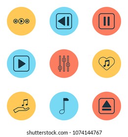Music icons set with pause music, equalizer, previous music and other mute song elements. Isolated vector illustration music icons.