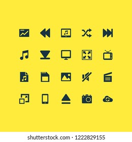 Music icons set with photo apparatus, sd card, shuffle and other maximize elements. Isolated vector illustration music icons.