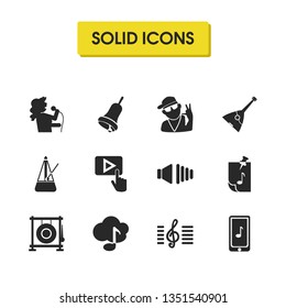 Music icons set with pin with note, cloud music, hand bell elements. Set of music icons and moving pendulum concept. Editable vector elements for logo app UI design.