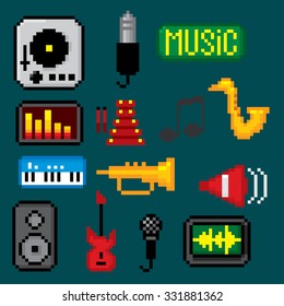 Music icons set. Pixel art. Old school computer graphic style.