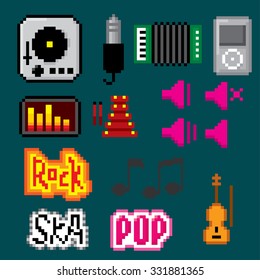 Music icons set. Pixel art. Old school computer graphic style.