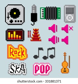 Music icons set. Pixel art. Old school computer graphic style.