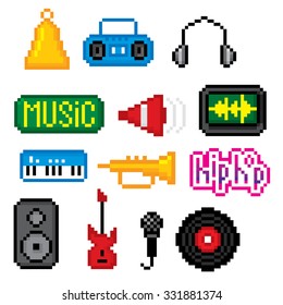 Music Icons Set. Pixel Art. Old School Computer Graphic Style.