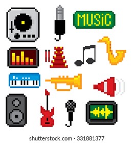 Music Icons Set. Pixel Art. Old School Computer Graphic Style.