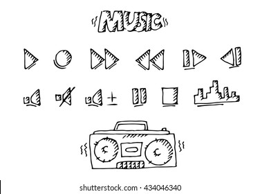 Music icons set. Play, stop, pause, reward, forward, volume. Hand drawn vector stock illustration. Black and white image