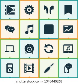 Music icons set with presentation, bookmark, web cam and other headphone elements. Isolated vector illustration music icons.