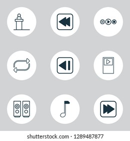 Music icons set with previous music, note, audio buttons and other song UI elements. Isolated vector illustration music icons.