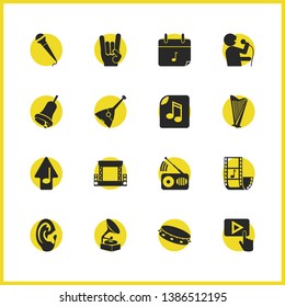 Music icons set with radio, harp and concert stage elements. Set of music icons and lyre concept. Editable vector elements for logo app UI design.