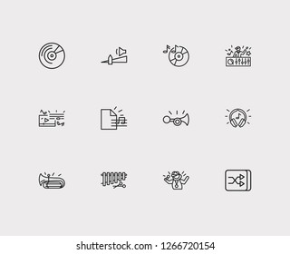 Music icons set. Music record and music icons with xylophone, claxon and low volume. Set of vintage for web app logo UI design.