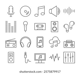 Music icons set in simple thin line. Collection of icons related to audio, including radio, mic, headphone, music cloud, equalizer, Tape etc. Outline Icons. Editable stroke. 