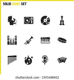 Music icons set with singer woman, cd and synthesizer elements. Set of music icons and piano concept. Editable vector elements for logo app UI design.