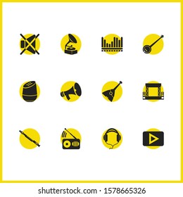 Music icons set with smart speaker, equalizer and radio elements. Set of music icons and clarinet concept. Editable vector elements for logo app UI design.