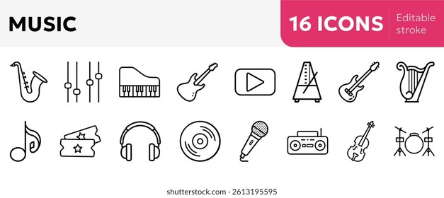 Music icons set stroke vector icons of musical instruments, audio equipment and music notes