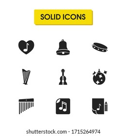 Music icons set with tambourine, chimes and love song elements. Set of music icons and pandeiro concept. Editable vector elements for logo app UI design.