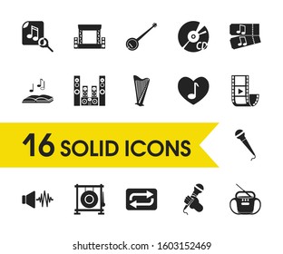 Music icons set with music theory, concert stage and boombox elements. Set of music icons and speaker concept. Editable vector elements for logo app UI design.