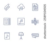 Music icons set. Thin Line style, editable stroke. keytar, mix, music cloud, music player, stand, score, treble clef, xylophone.