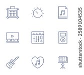 Music icons set. Thin Line style, editable stroke. amplifier, cinema, electric guitar, knob, mixer, music, music file, player, stand.