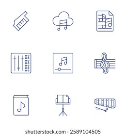 Music icons set. Thin Line style, editable stroke. keytar, mix, music cloud, music player, stand, score, treble clef, xylophone.