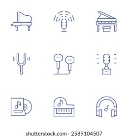 Music icons set. Thin Line style, editable stroke. grand piano, headphones, music, music album, award, piano, playing, tunning fork.