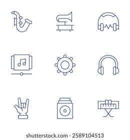 Music icons set. Thin Line style, editable stroke. gramophone, hand, headphones, music, music album, piano, playlist, saxophone, tambourine.