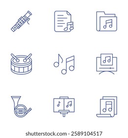 Music icons set. Thin Line style, editable stroke. bassoon, drum, french horn, lyric, music, music folder, music player, musical composition.