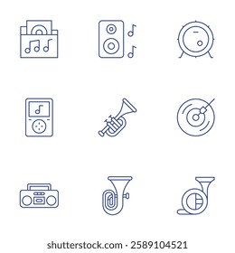 Music icons set. Thin Line style, editable stroke. bass drum, dj music, french horn, music folder, player, tape, speaker, trumpet, tuba.