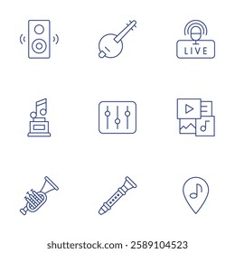 Music icons set. Thin Line style, editable stroke. banjo, dj mixer, flute, live, multimedia, music, sound system, trophy, trumpet.