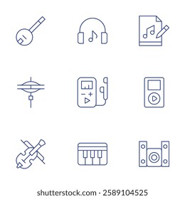 Music icons set. Thin Line style, editable stroke. banjo, cymbals, fiddle, listen, mp player, files, music player, music system.