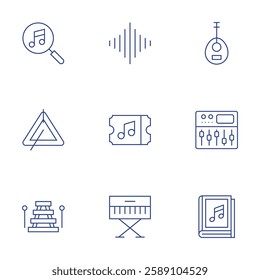 Music icons set. Thin Line style, editable stroke. audio waves, concert, electric keyboard, laud, mixer, music, search, triangle, xylophone.