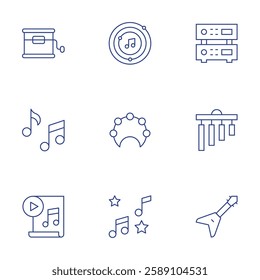 Music icons set. Thin Line style, editable stroke. amplifier, chime, electric guitar, box, note, music notes, music sheet, musical notes, tambourine.