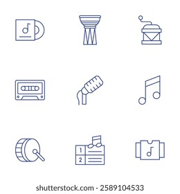 Music icons set. Thin Line style, editable stroke. album, cassette, drum, kettledrum, microphone, music, music box, music notes.