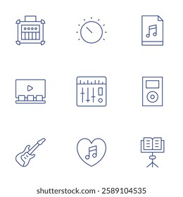 Music icons set. Thin Line style, editable stroke. amplifier, cinema, electric guitar, knob, mixer, music, music file, player, stand.