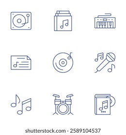 Music icons set. Thin Line style, editable stroke. album, cd player, drum, keyboard, microphone, music, music mixer, music sheet, musical note.