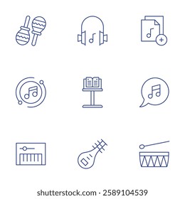 Music icons set. Thin Line style, editable stroke. add, bubble, drum, maracas, music, music headphones, music sheet, musical instrument.