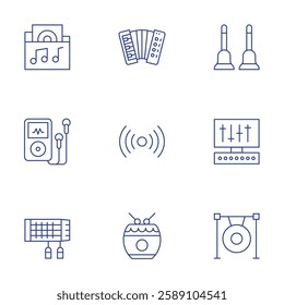 Music icons set. Thin Line style, editable stroke. accordion, bells, broadcast, drum, gong, mastering, music folder, music player, musical instrument.
