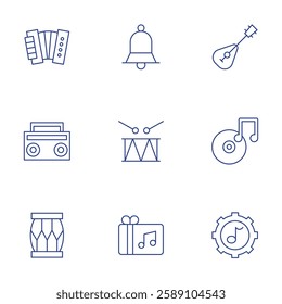 Music icons set. Thin Line style, editable stroke. accordion, bell, boombox, drum, gift card, mandolin, music.