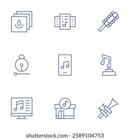 Music icons set. Thin Line style, editable stroke. library, moktak, files, music player, music store, sleigh bell, trophy, trumpet.