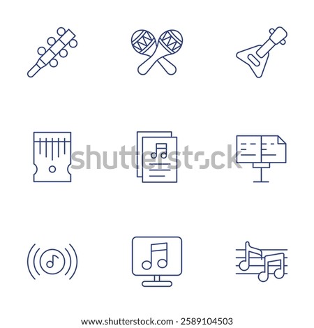 Music icons set. Thin Line style, editable stroke. jingle bell, maracas, mbira, music, music maker app, music sheet, musical note.